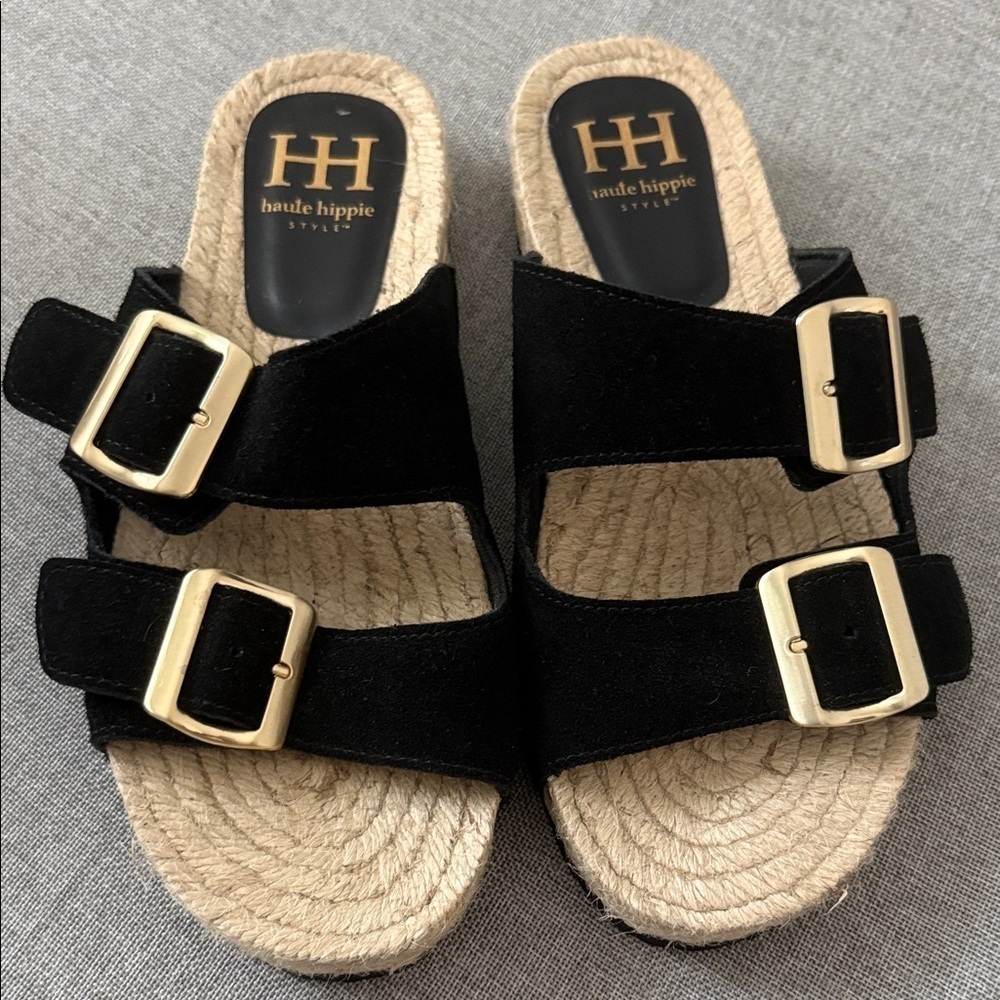 Haute Hippie Black Sandals with Gold Accents nwot